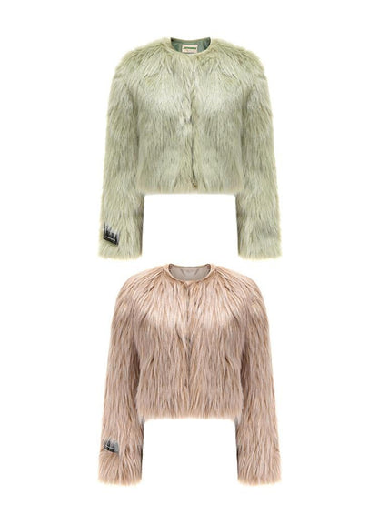 JYOSEI Avocado Green Faux Fur Cropped Winter Coat