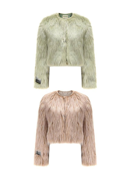 Avocado Green Faux Fur Cropped Winter Coat