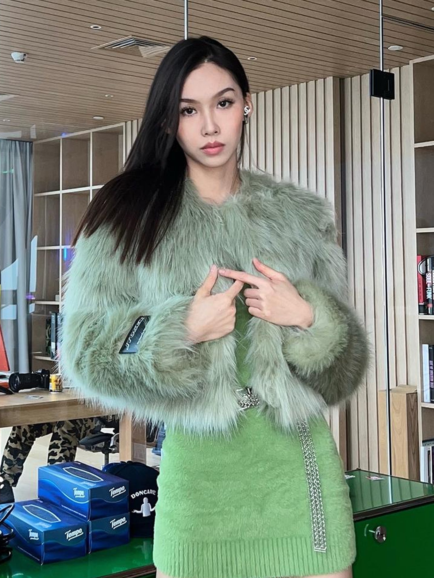 JYOSEI Avocado Green Faux Fur Cropped Winter Coat