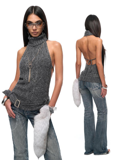 JYOSEI Backless Halter Adjustable Tie Ribbed Turtleneck Women&