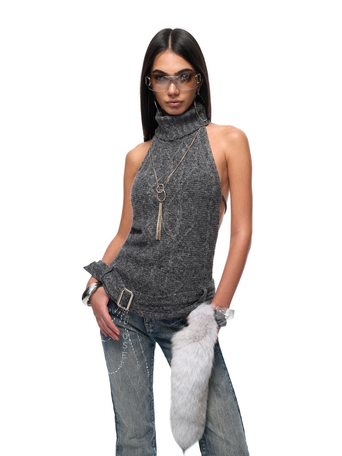 JYOSEI Backless Halter Adjustable Tie Ribbed Turtleneck Women&