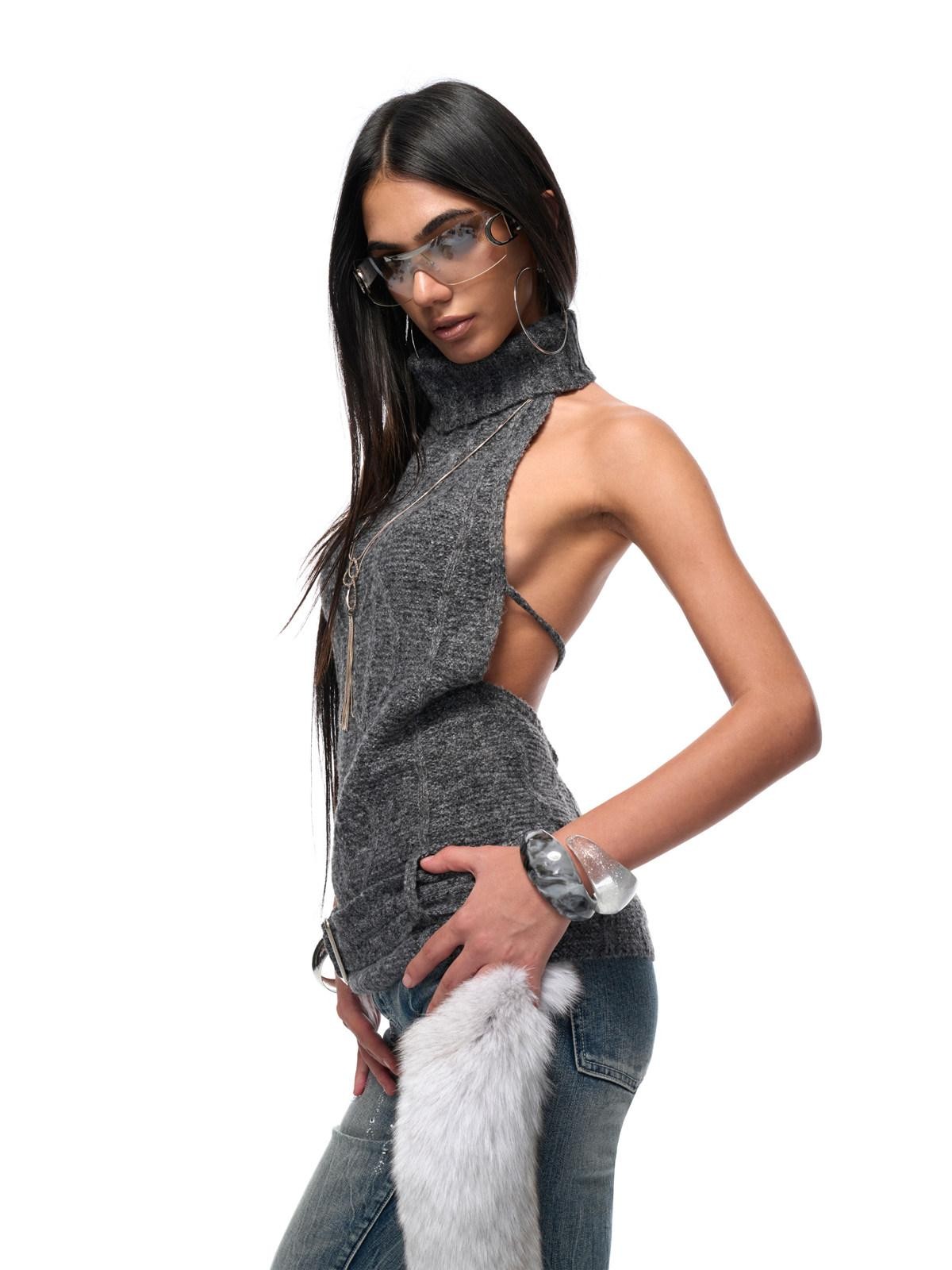 JYOSEI Backless Halter Adjustable Tie Ribbed Turtleneck Women&