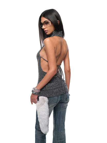 JYOSEI Backless Halter Adjustable Tie Ribbed Turtleneck Women&