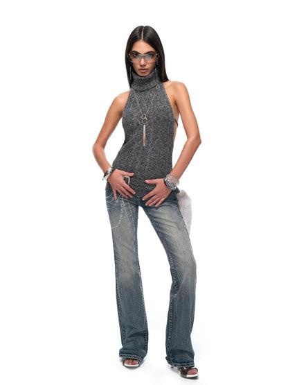 JYOSEI Backless Halter Adjustable Tie Ribbed Turtleneck Women&