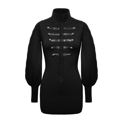 JYOSEI_Black_Courtstyle_High_Neck_Lantern_Sleeve_Knit_Women&