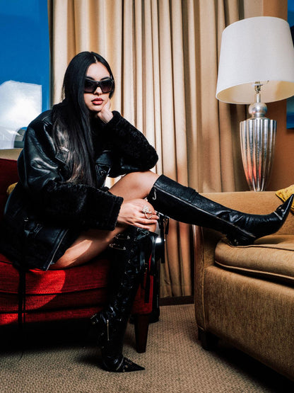 JYOSEI Black Cracked Leather Pointed Toe Lace Up Combat Boots