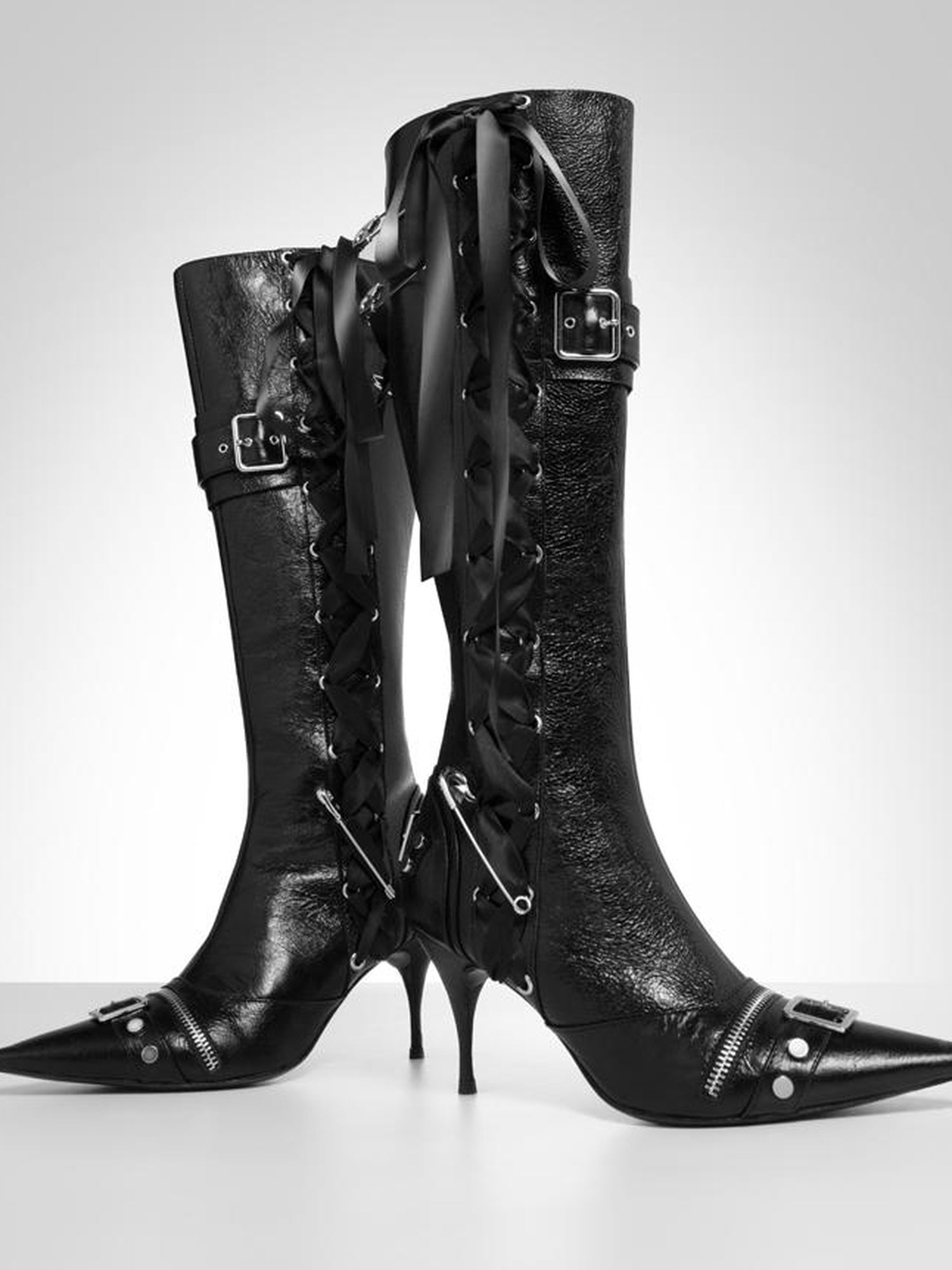 JYOSEI Black Cracked Leather Pointed Toe Lace Up Combat Boots