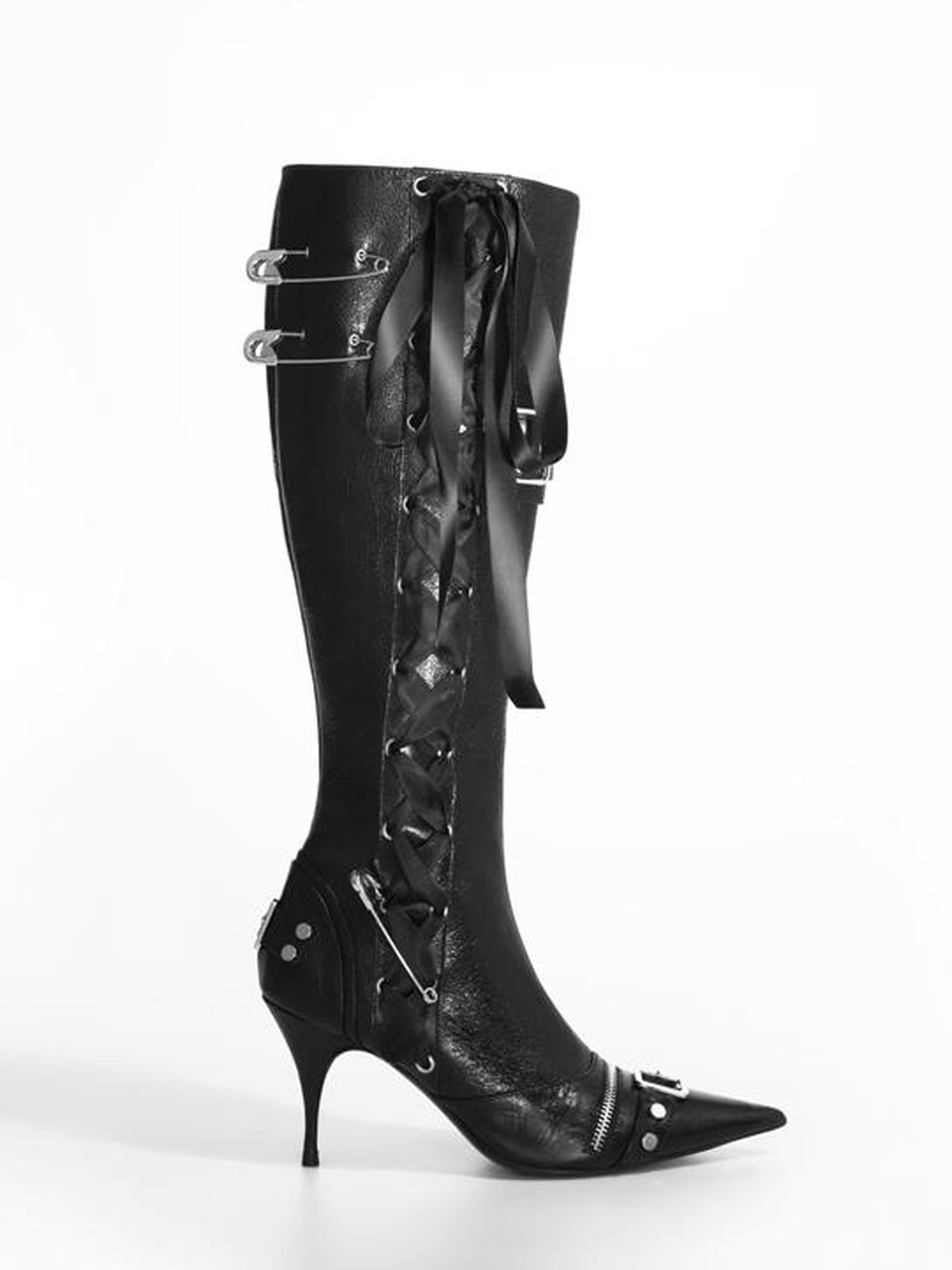 JYOSEI Black Cracked Leather Pointed Toe Lace Up Combat Boots