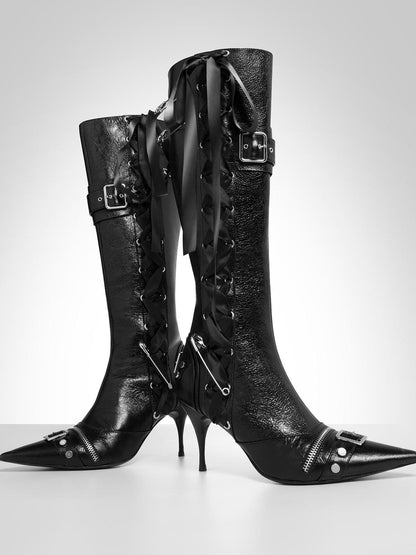 JYOSEI Black Cracked Leather Pointed Toe Lace Up Combat Boots