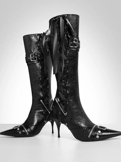 Black Cracked Leather Pointed Toe Lace Up Combat Boots