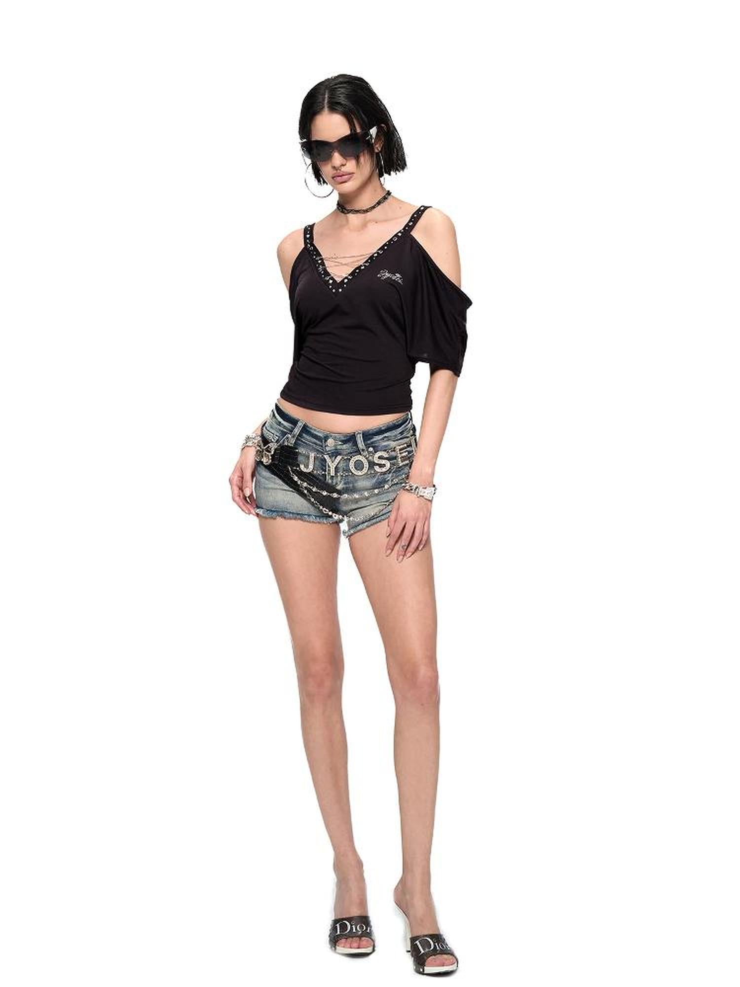 JYOSEI Black Cutout Shoulder V-Neck Batwing Sleeve Top with Studs