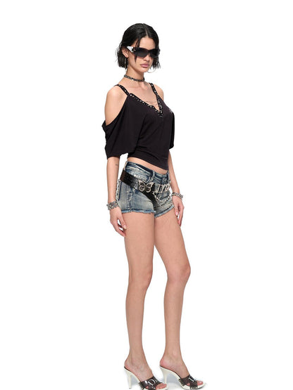 JYOSEI Black Cutout Shoulder V-Neck Batwing Sleeve Top with Studs