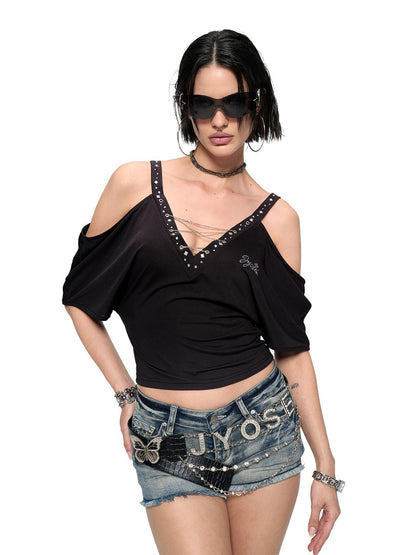 JYOSEI Black Cutout Shoulder V-Neck Batwing Sleeve Top with Studs