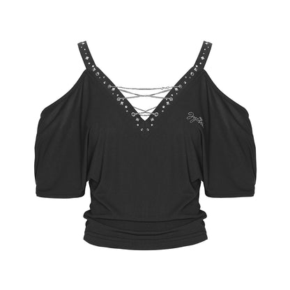 JYOSEI_Black_Cutout_Shoulder_V-Neck_Batwing_Sleeve_Top_with_Studs_MISSTT