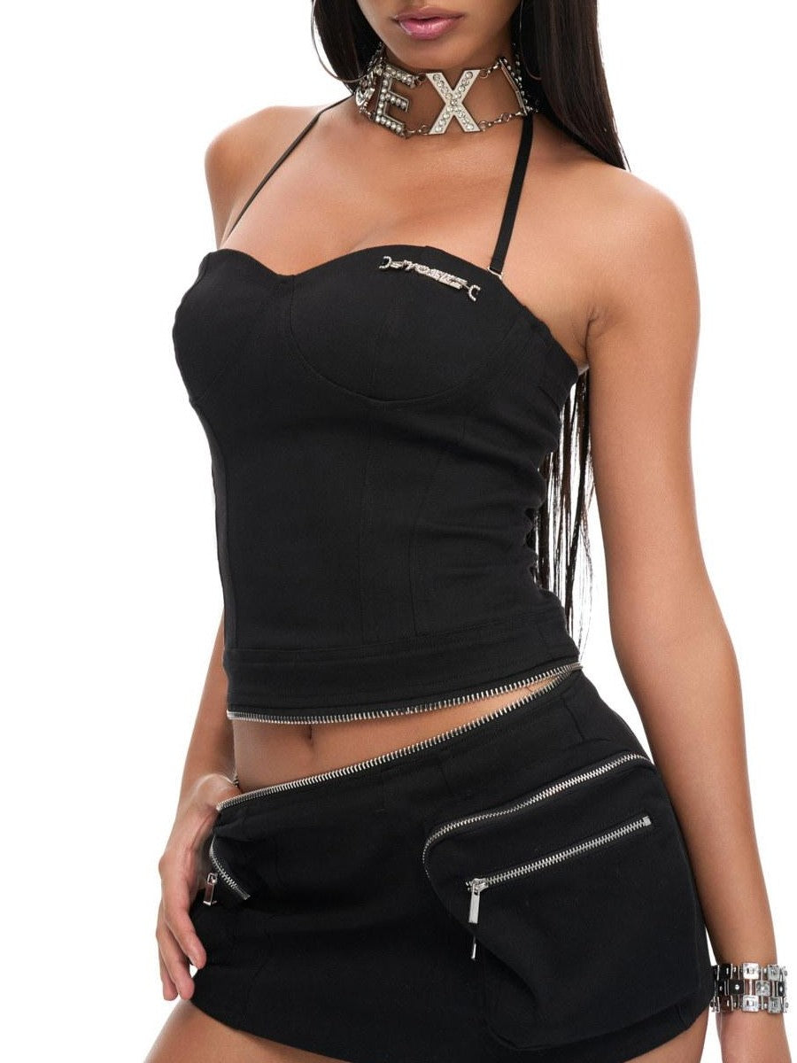JYOSEI Black Halter V-neck Multi Pocket Women&