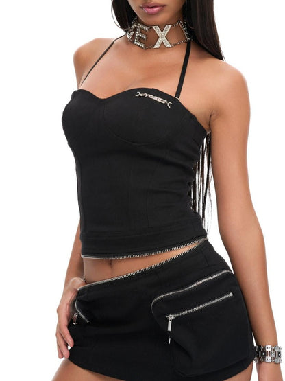 JYOSEI Black Halter V-neck Multi Pocket Women&