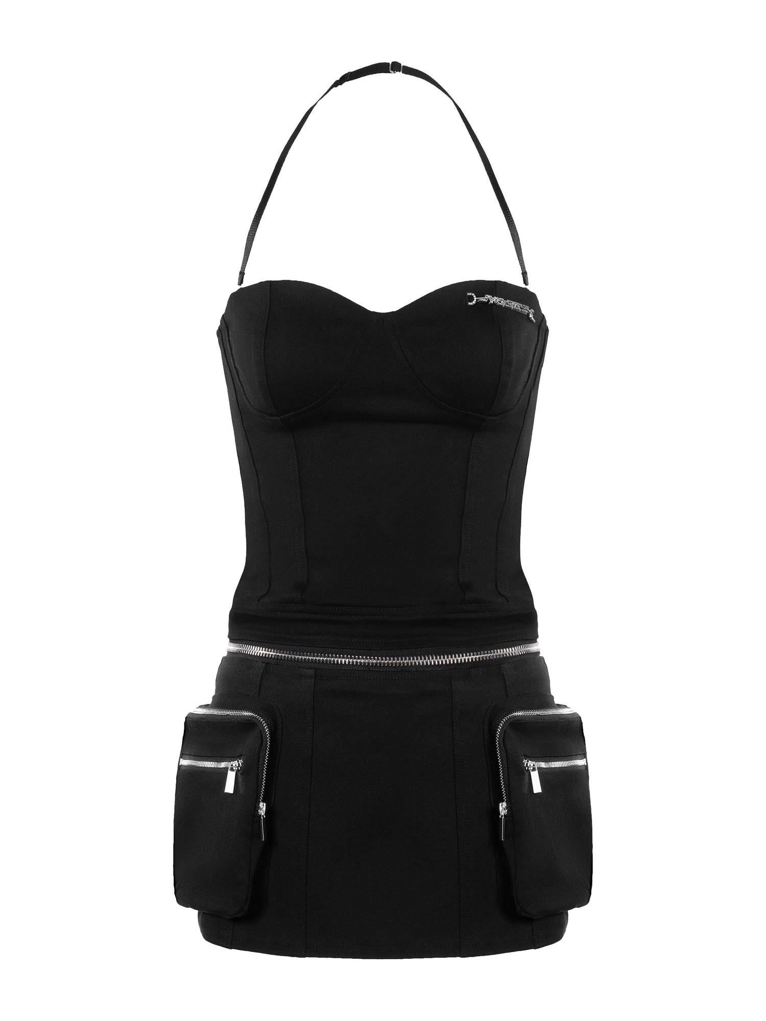 JYOSEI Black Halter V-neck Multi Pocket Women&