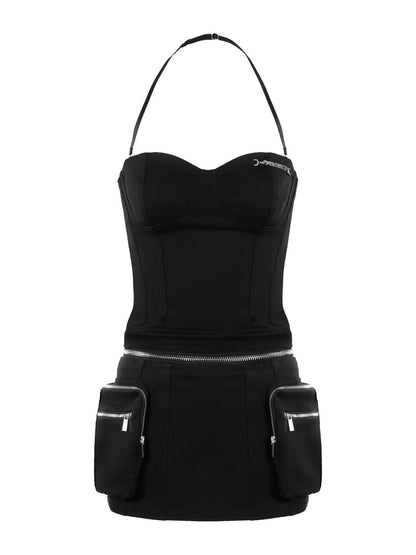 JYOSEI Black Halter V-neck Multi Pocket Women&
