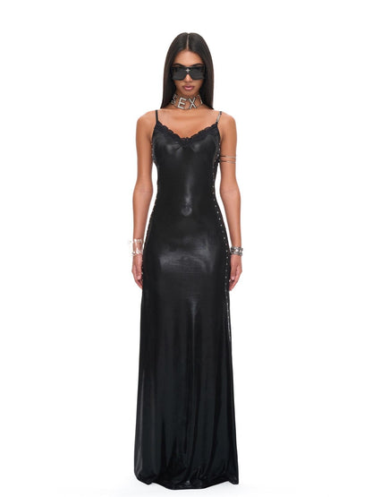 JYOSEI Black Lace Cutout Mermaid Spaghetti V-neck Waist Women&