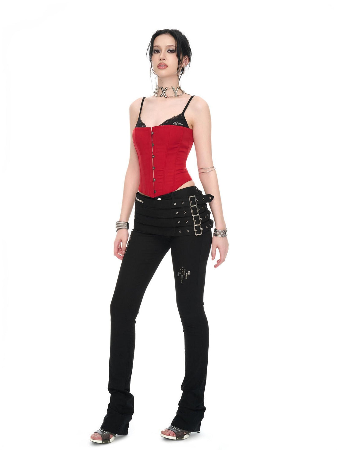 JYOSEI Black Multi Belt Metal 3D Embellished Punk Women&