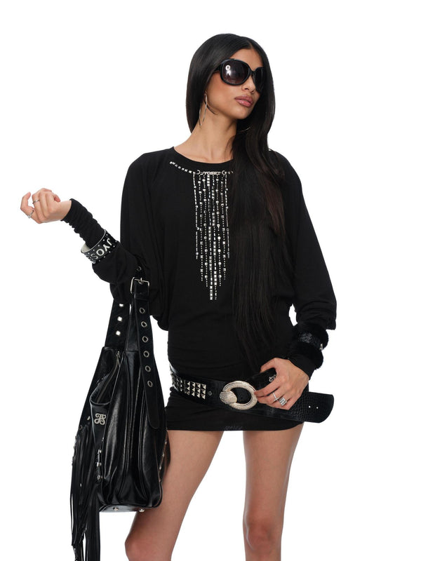 Black Rhinestone Chain Open Back Batwing Sleeve Women's Polyester Bodycon Casual Mini Dresses