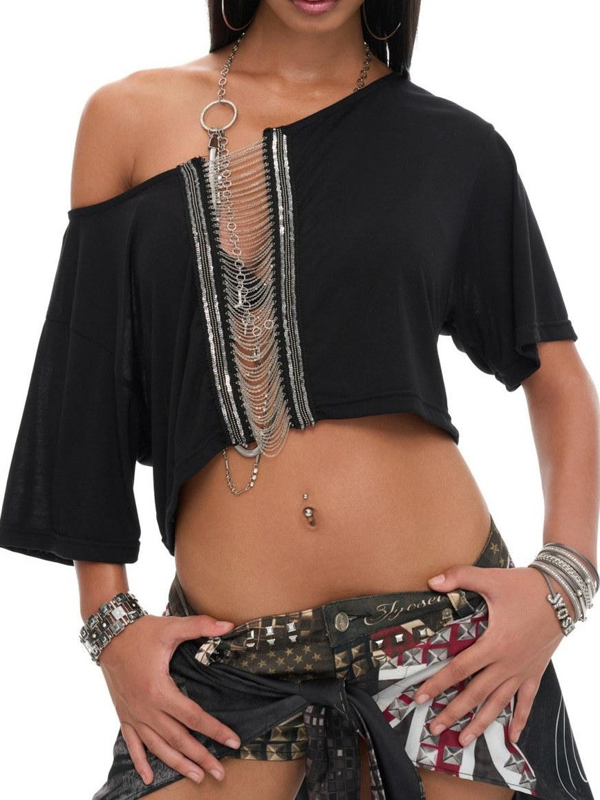 JYOSEI Black Sequin Chain Cutout Asymmetric Loose Women&