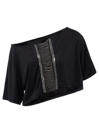 JYOSEI Black Sequin Chain Cutout Asymmetric Loose Women&
