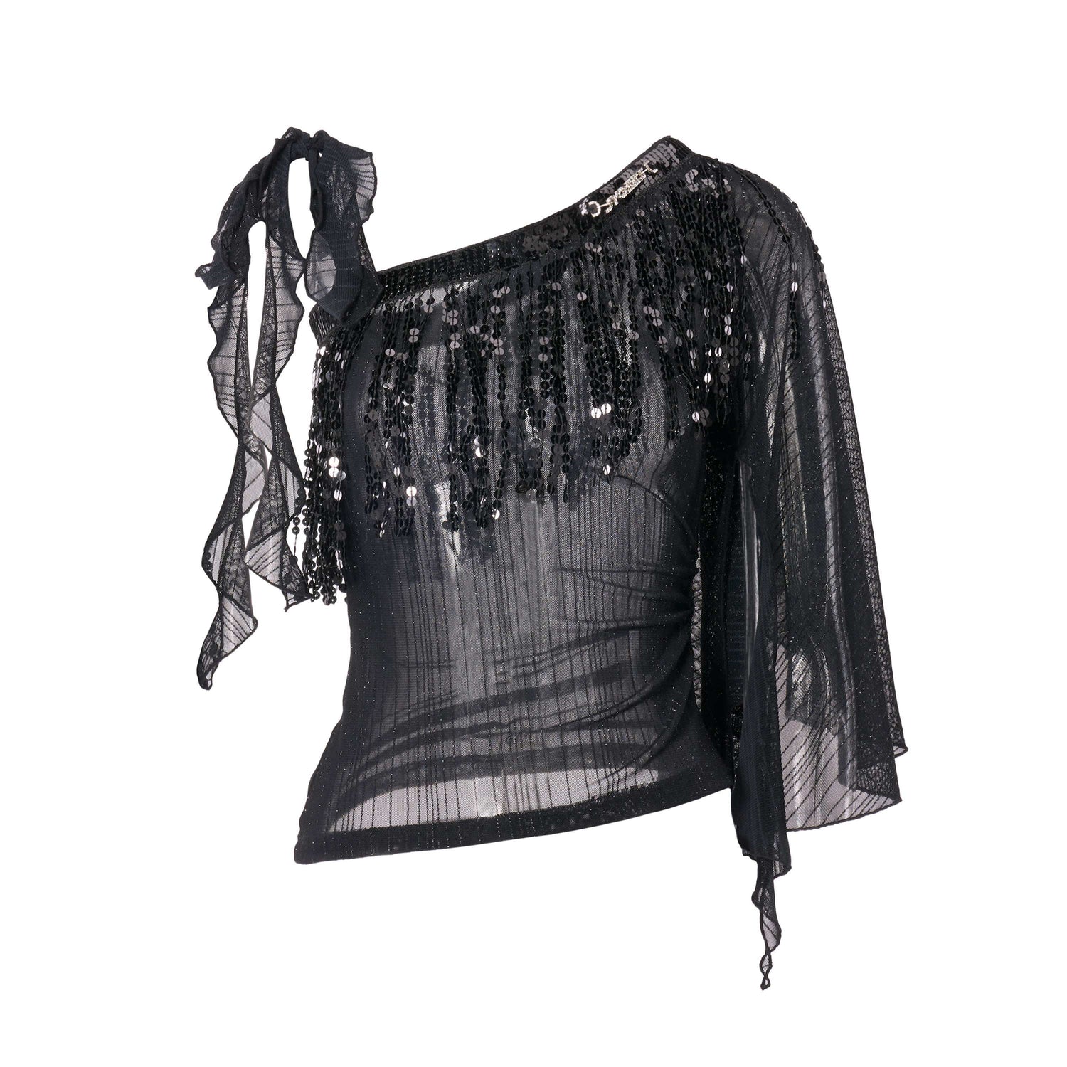 JYOSEI_Black_Sheer_Sequin_Ruffle_Tassel_One_Shoulder_Women&