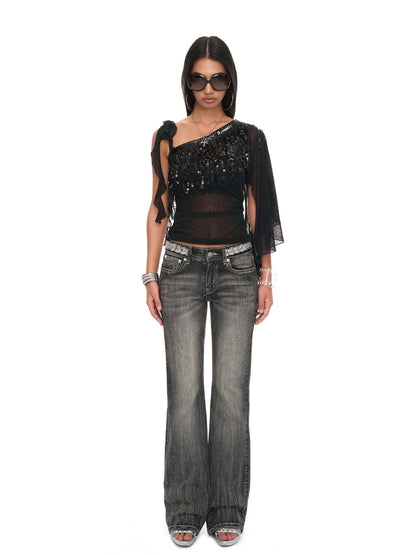JYOSEI Black Sheer Sequin Ruffle Tassel One Shoulder Women&