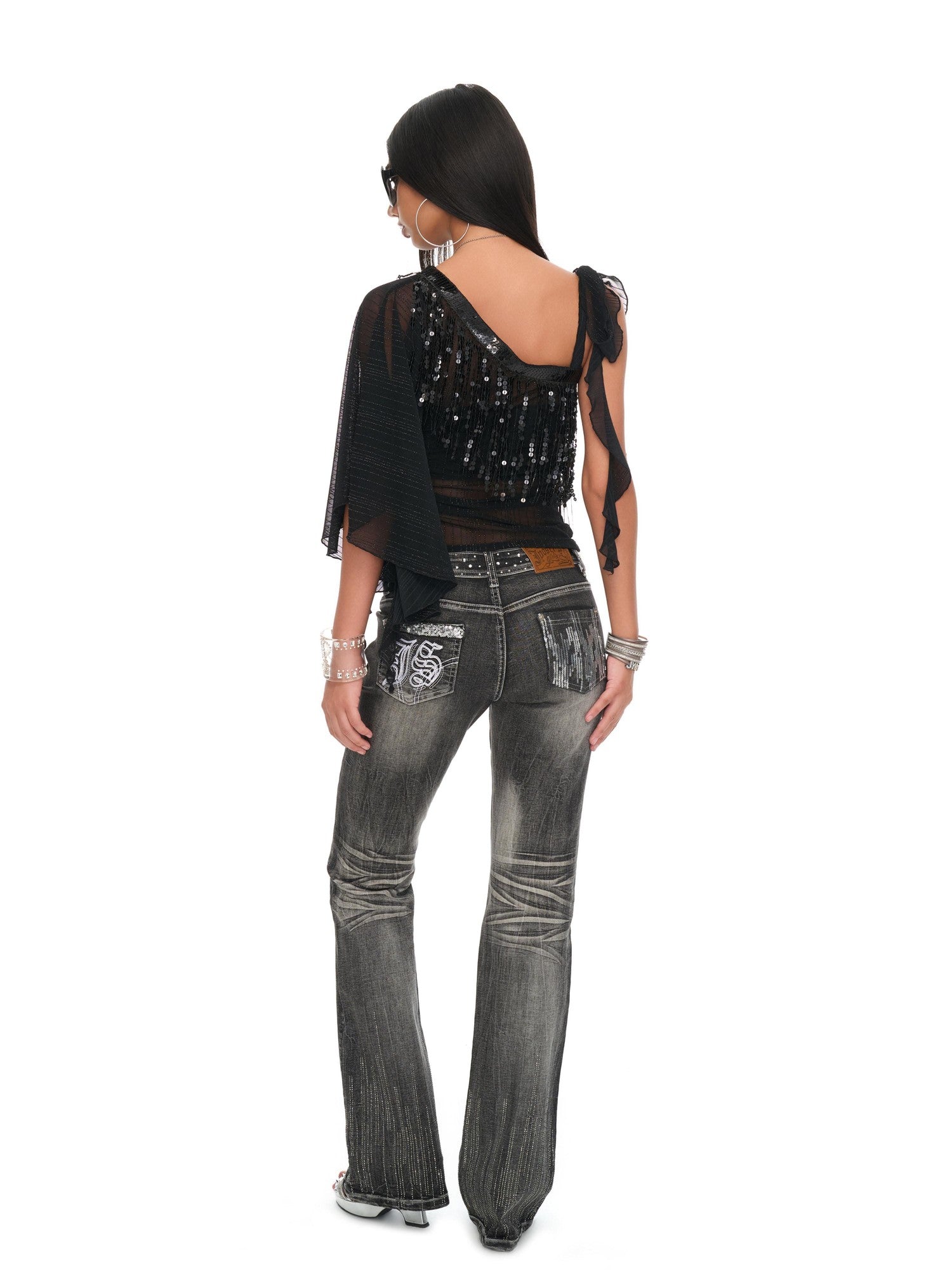 JYOSEI Black Sheer Sequin Ruffle Tassel One Shoulder Women&