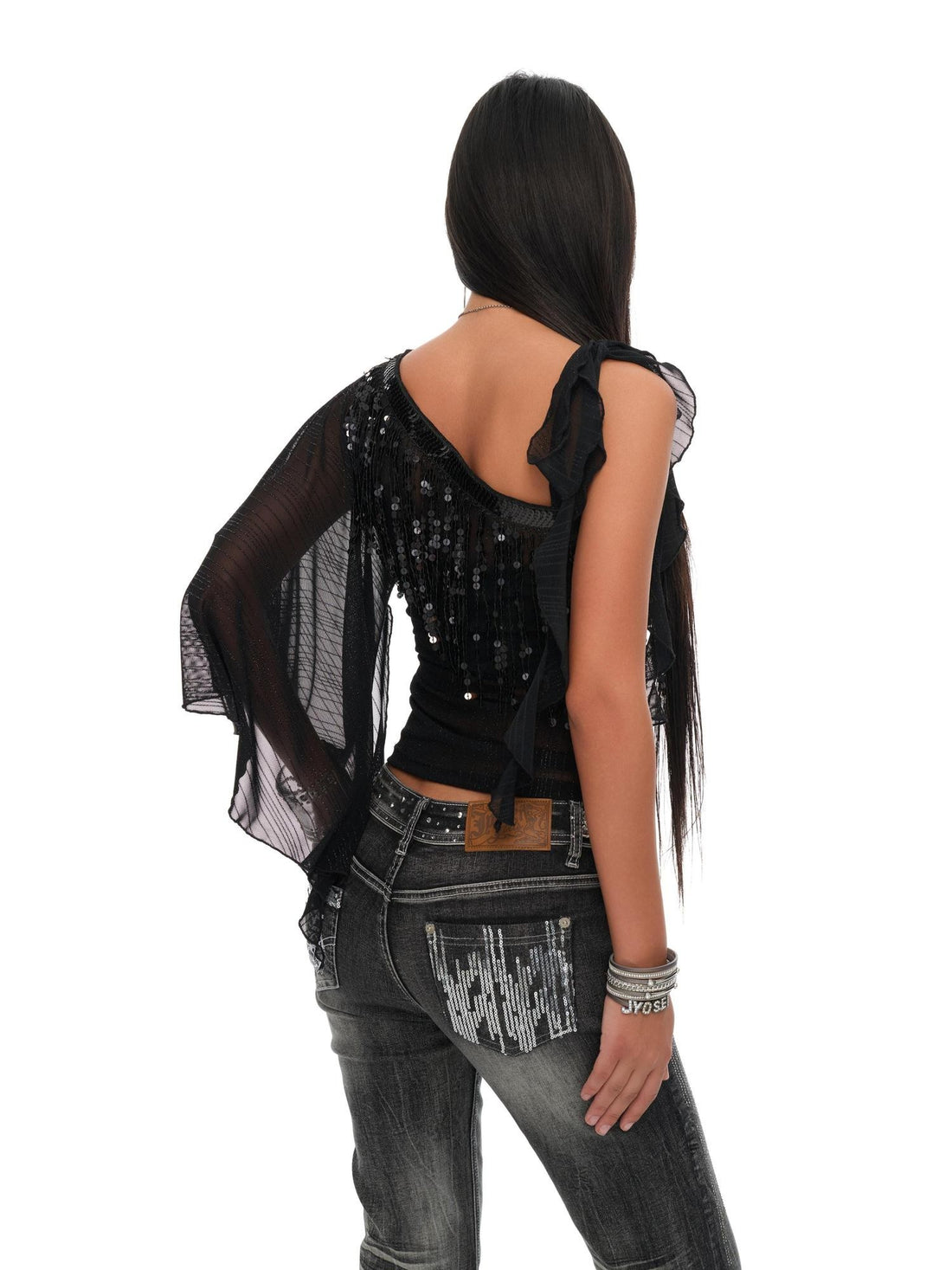 JYOSEI Black Sheer Sequin Ruffle Tassel One Shoulder Women&