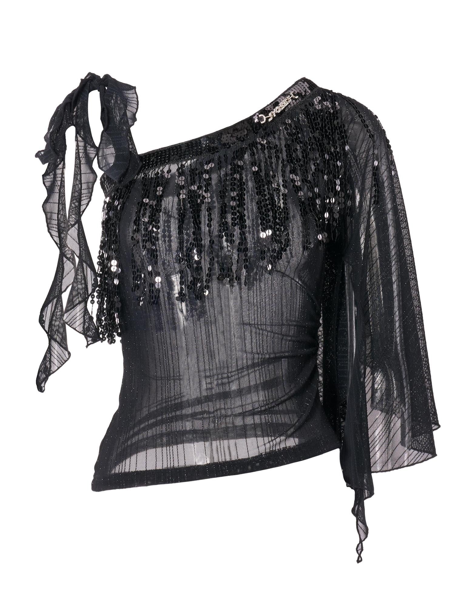 JYOSEI Black Sheer Sequin Ruffle Tassel One Shoulder Women&