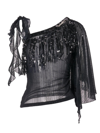 JYOSEI Black Sheer Sequin Ruffle Tassel One Shoulder Women&