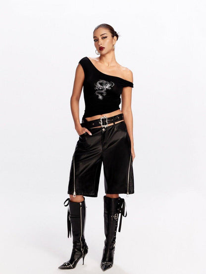 JYOSEI Black Side Zipper Low Waist Belt Straight Leg Women&