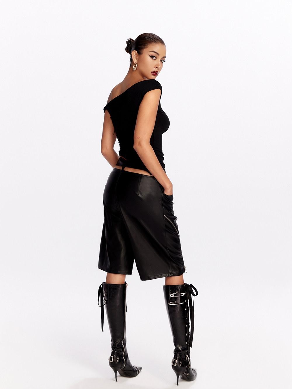 JYOSEI Black Side Zipper Low Waist Belt Straight Leg Women&