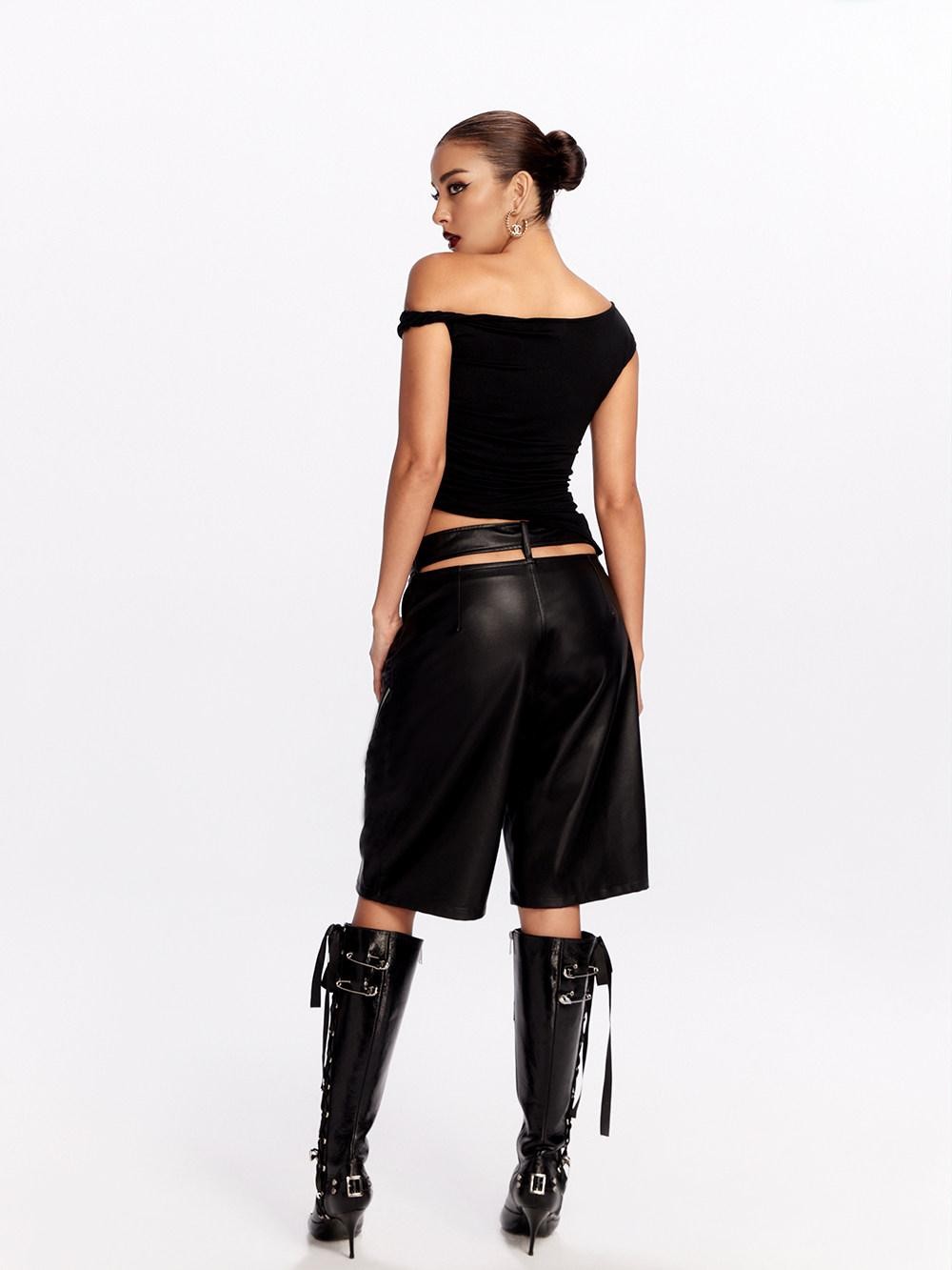 JYOSEI Black Side Zipper Low Waist Belt Straight Leg Women&