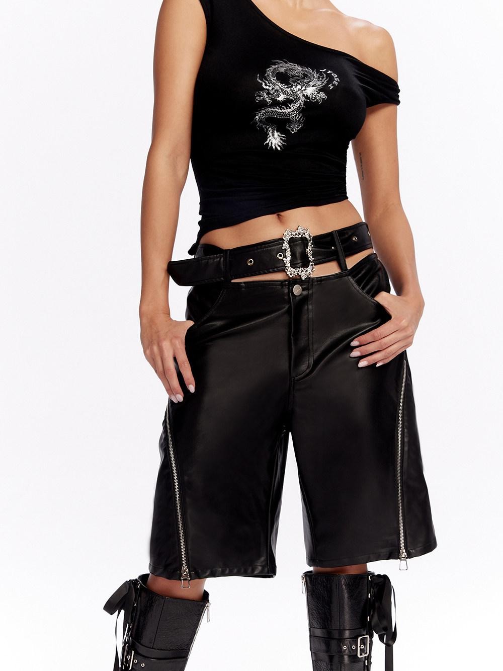 JYOSEI Black Side Zipper Low Waist Belt Straight Leg Women&