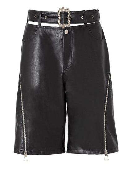 JYOSEI Black Side Zipper Low Waist Belt Straight Leg Women&