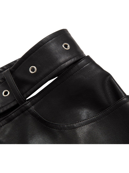 JYOSEI Black Side Zipper Low Waist Belt Straight Leg Women&