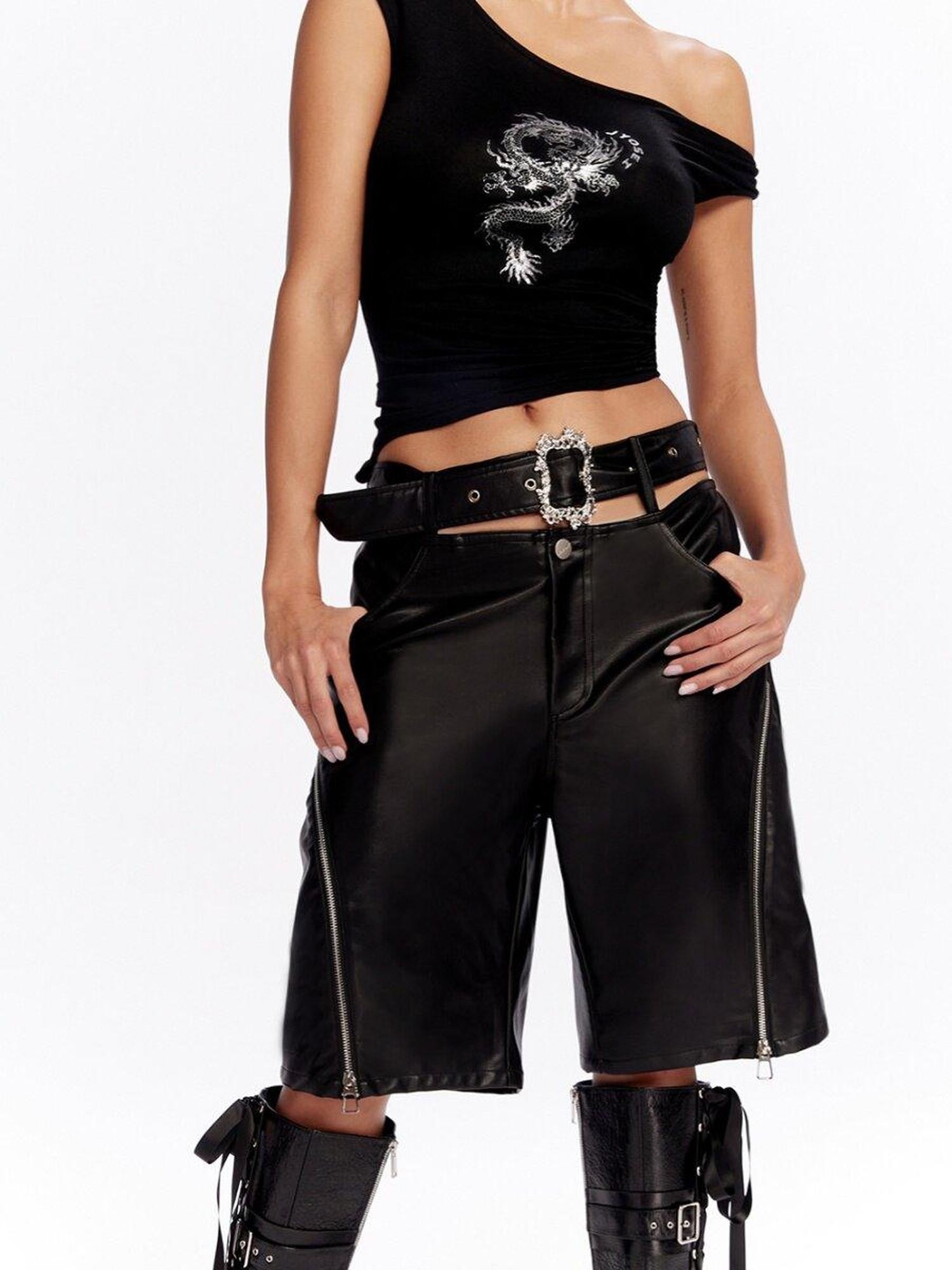 JYOSEI Black Side Zipper Low Waist Belt Straight Leg Women&