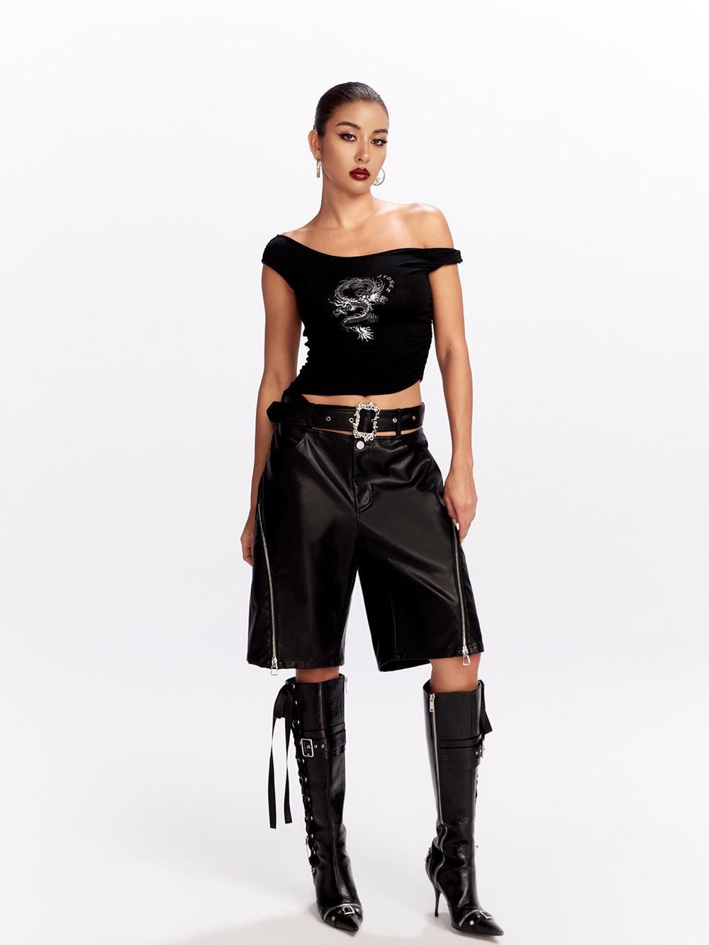 JYOSEI Black Side Zipper Low Waist Belt Straight Leg Women&