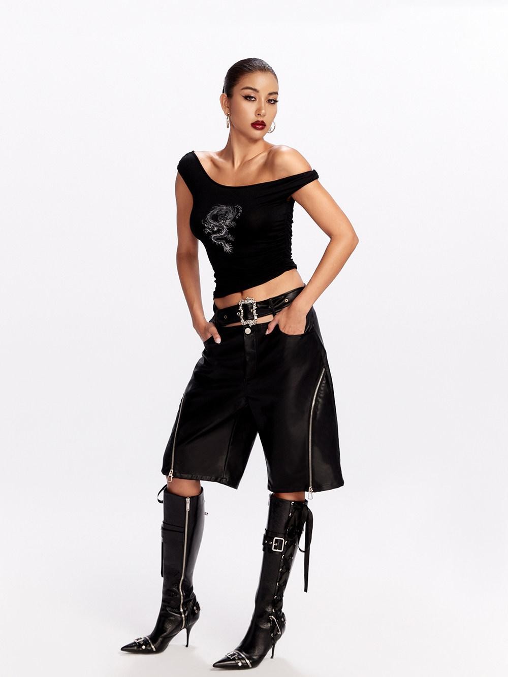 JYOSEI Black Side Zipper Low Waist Belt Straight Leg Women&