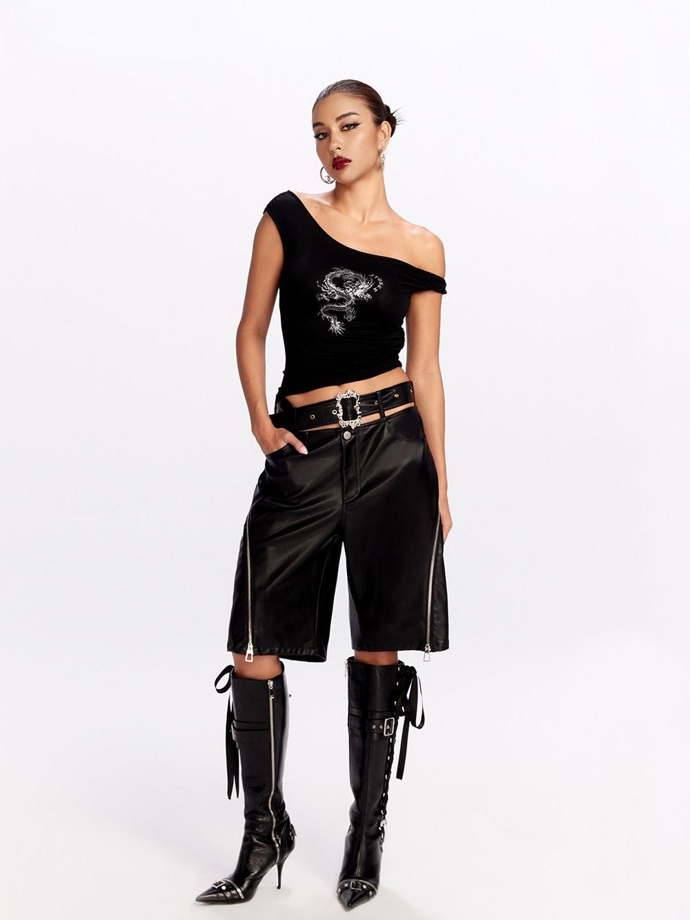 JYOSEI Black Side Zipper Low Waist Belt Straight Leg Women&