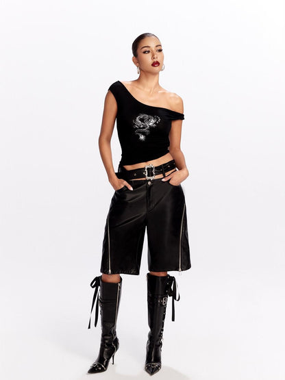 JYOSEI Black Side Zipper Low Waist Belt Straight Leg Women&