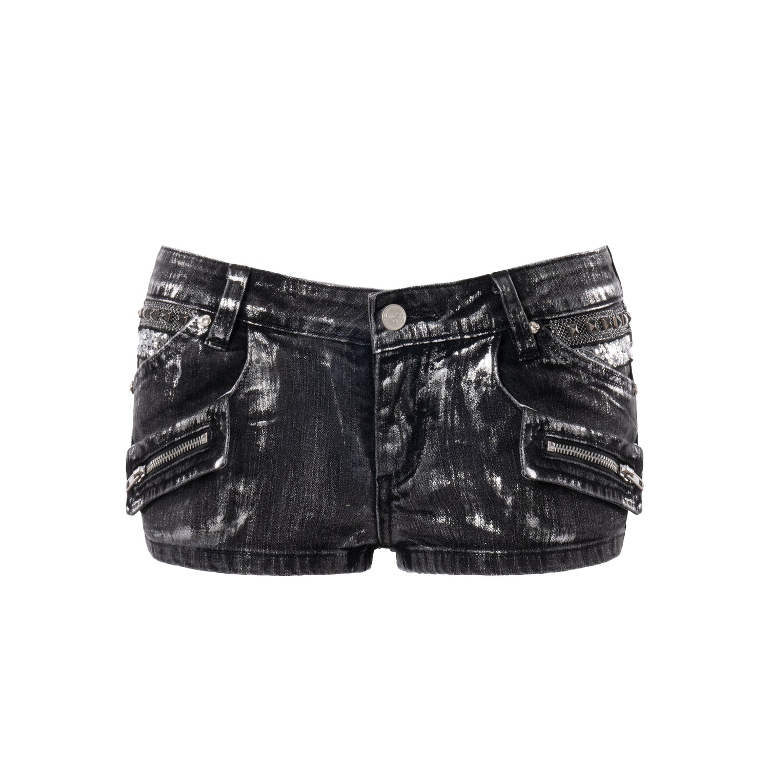 JYOSEI_Black_Silver_Foil_Embroidered_Multi_Pocket_Low_Waist_Women&