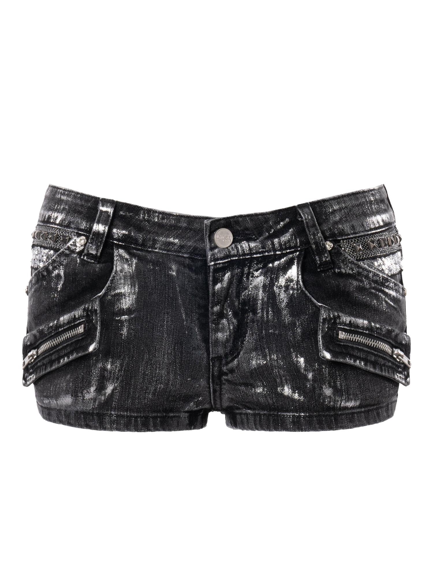 JYOSEI Black Silver Foil Embroidered Multi Pocket Low Waist Women&