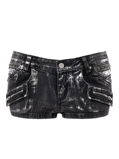 JYOSEI Black Silver Foil Embroidered Multi Pocket Low Waist Women&