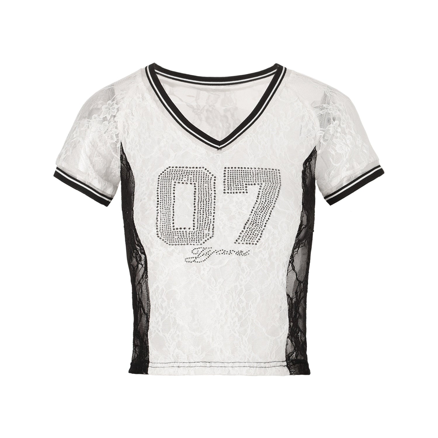 JYOSEI_Black_White_Lace_Splice_Rhinestone_Sheer_V-neck_Women&