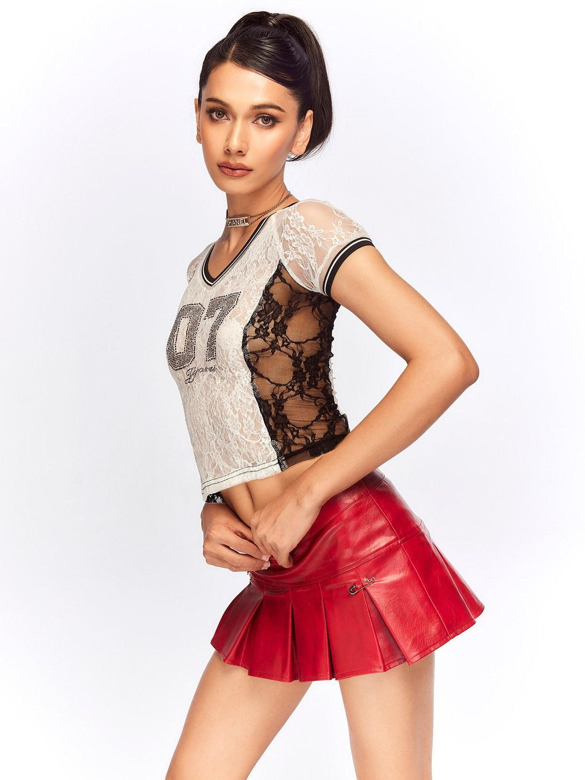 JYOSEI Black White Lace Splice Rhinestone Sheer V-neck Women&