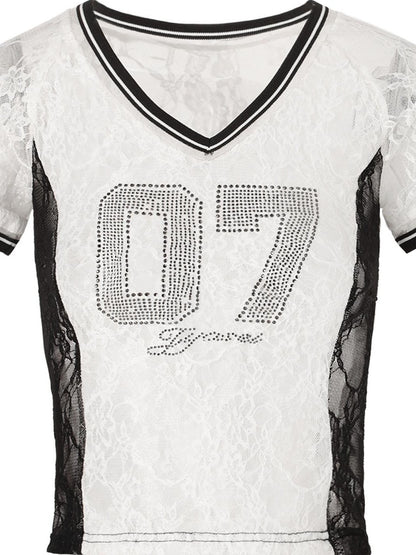 JYOSEI Black White Lace Splice Rhinestone Sheer V-neck Women&
